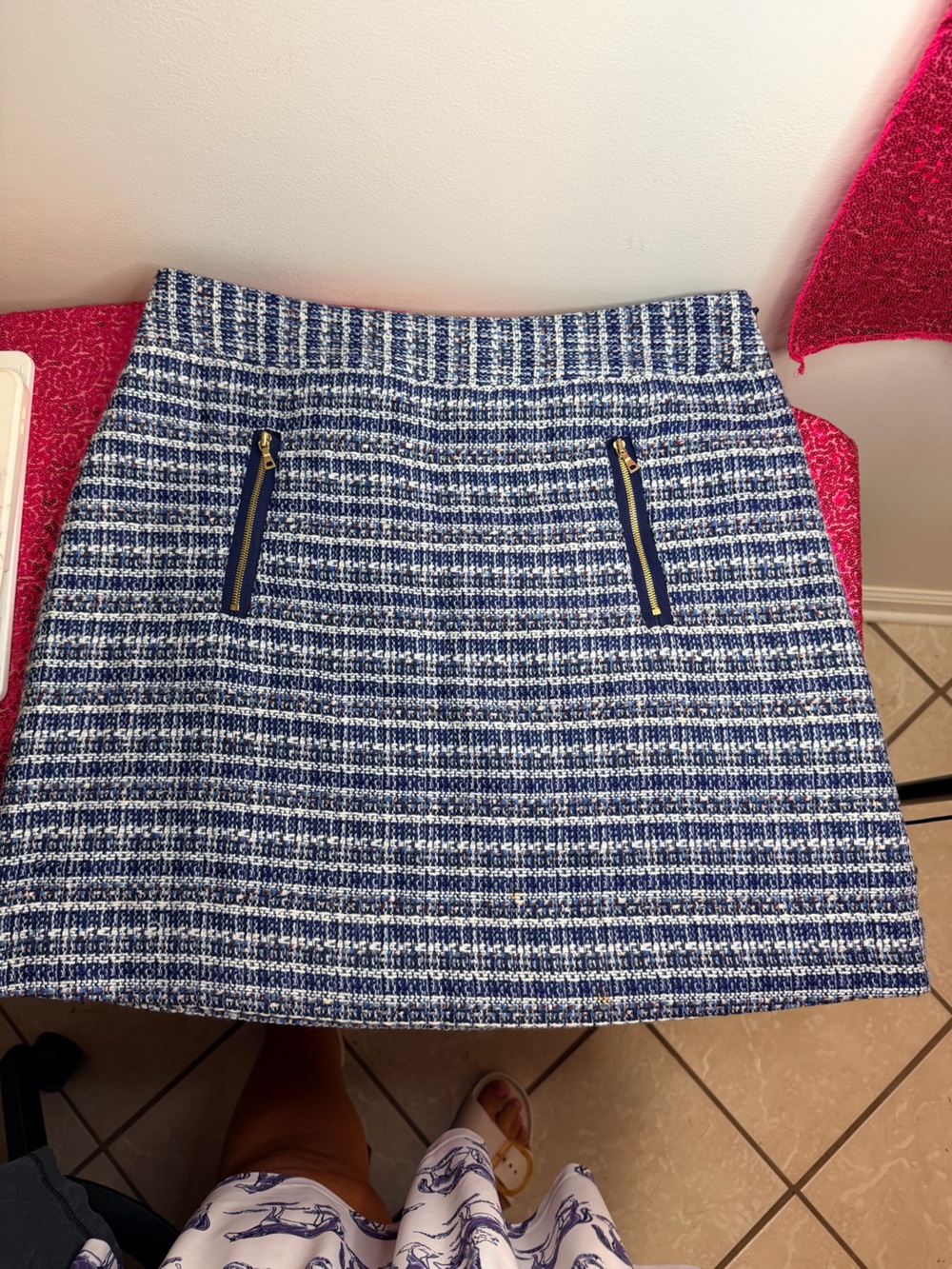 LOFT Blue and White Tweed Mini Skirt with Zip Details